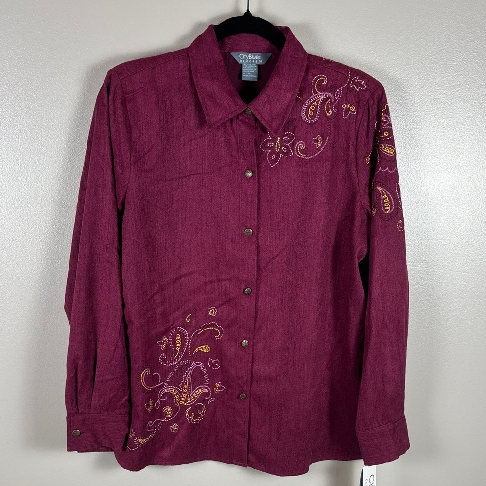 Koret Burgundy Button Down Shirt with Embroidered Accents